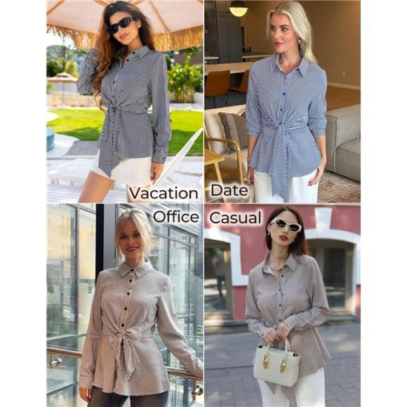 Peplum Tops Tie Front Striped Blouse Blue - Picture 5 of 6